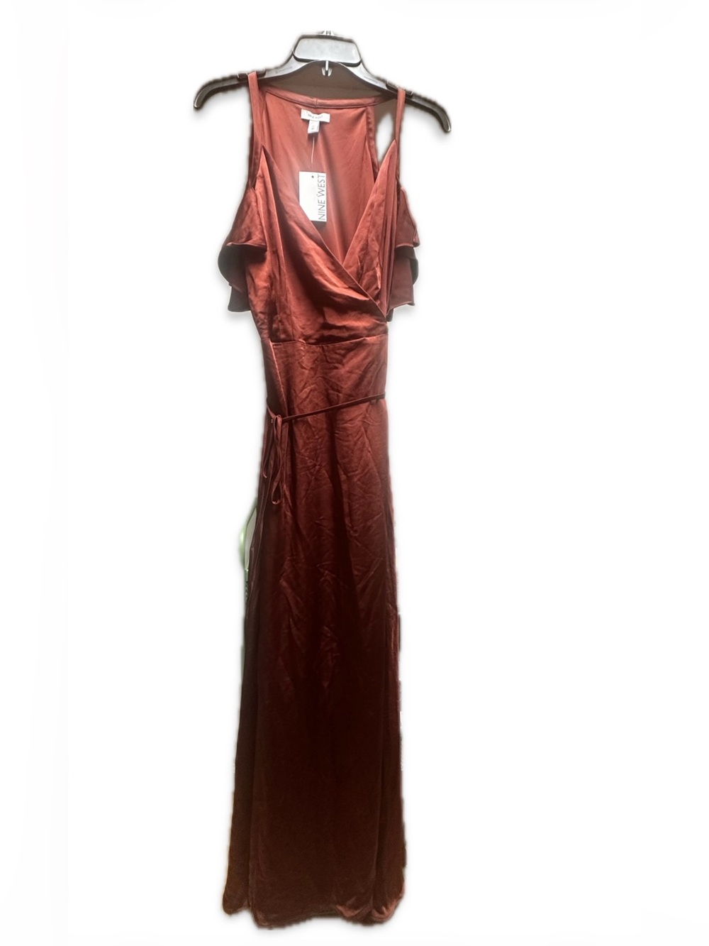 Nine West Rust Satin Cold-Shoulder Wrap Maxi Dress
